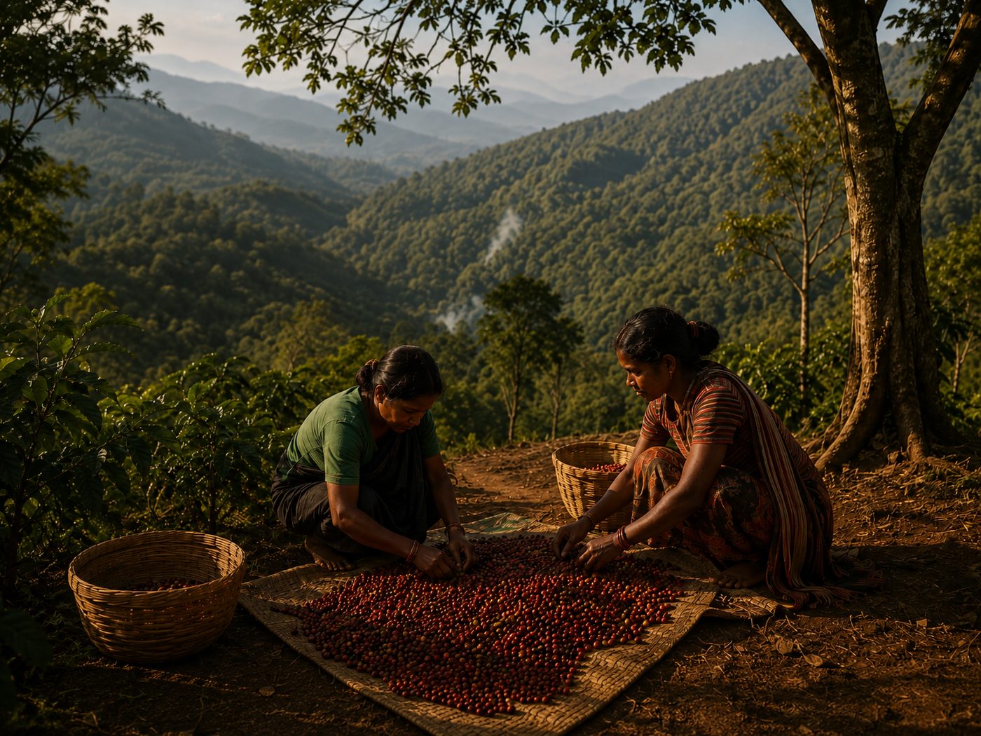 Farmers hand-sorting coffee cherries in Araku Valley with the hills behind them