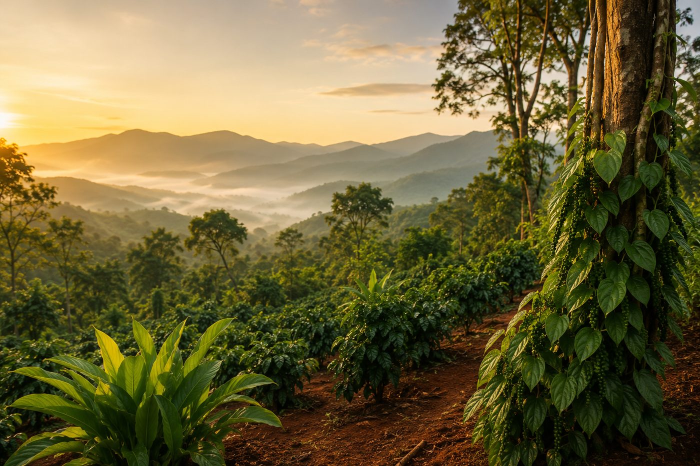 Sunrise over the misty Eastern Ghats hills of Araku Valley
