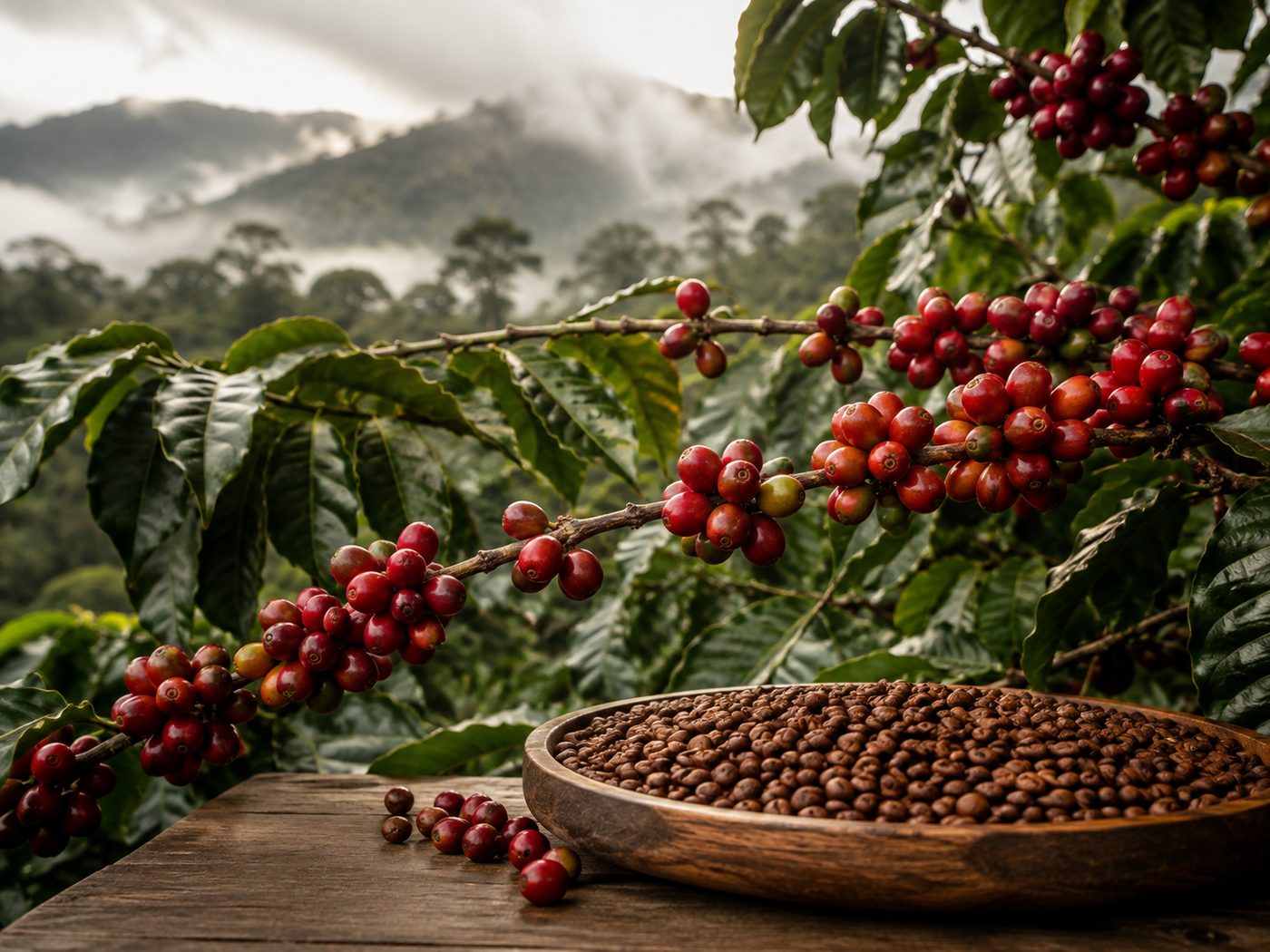 Coffee cherries and roasted beans