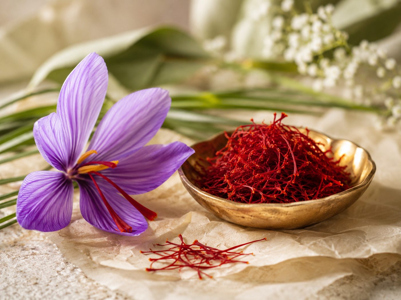 Crocus sativus flower beside a bowl of saffron threads